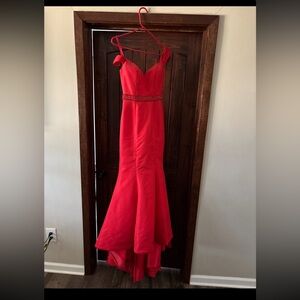 Sherri Hill Red Mermaid Prom Gown with Beaded Waist